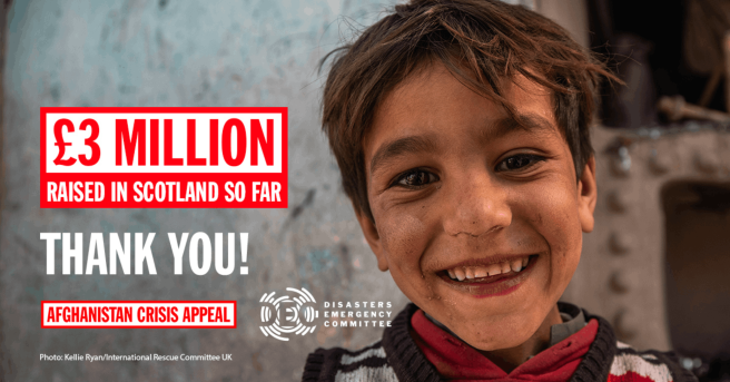 Afghani boy similing in a DEC graphic stating the funds raised for the appeal