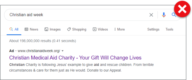 Screenshot of a fake advert, the advert displays spelling mistakes and links to the site christianaidweek.org which is not an official site of Christian aid