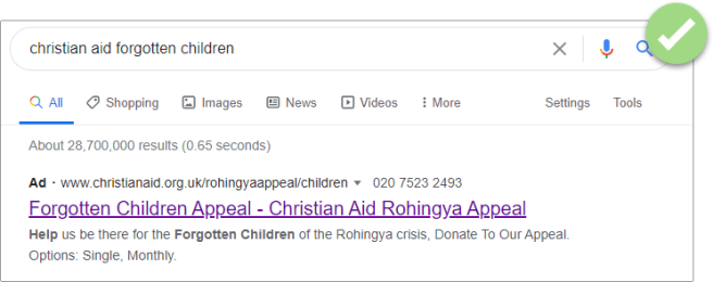 Screenshot of a real Christian Aid advert