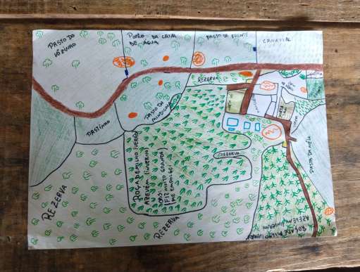 A map of an area in Brazil which shows pasture and reserved land. 